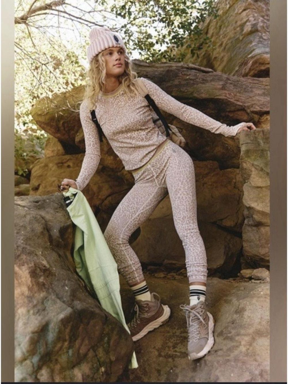 Free People Movement Myoko Jacquard Base Layer Top and Legging Set Snow Leopard